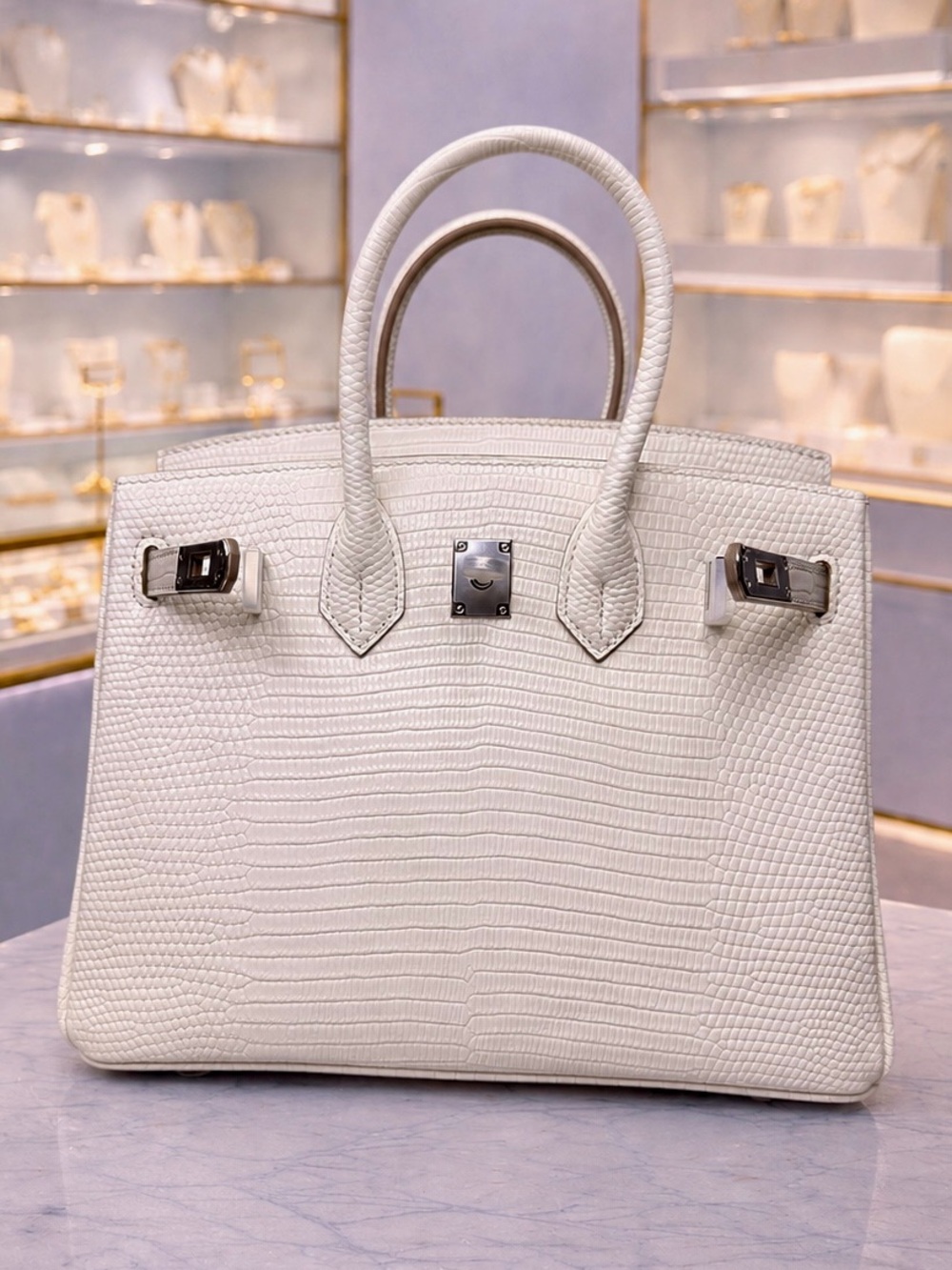 Natural Leather Unbranded 25cm White Reptile-Embossed Top-Handle Handbag - Picture 8 of 8